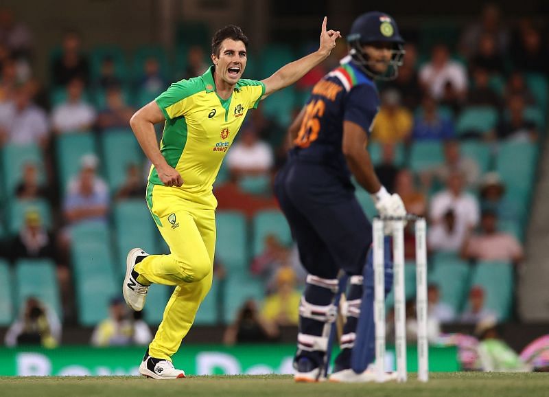 Pat Cummins after dismissing Mayank Agarwal in the second ODI