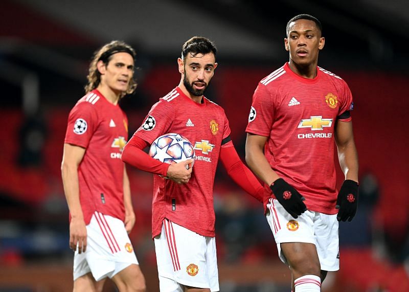 Edinson Cavani (left), Bruno Fernandes (centre) and Anthony Martial (right)