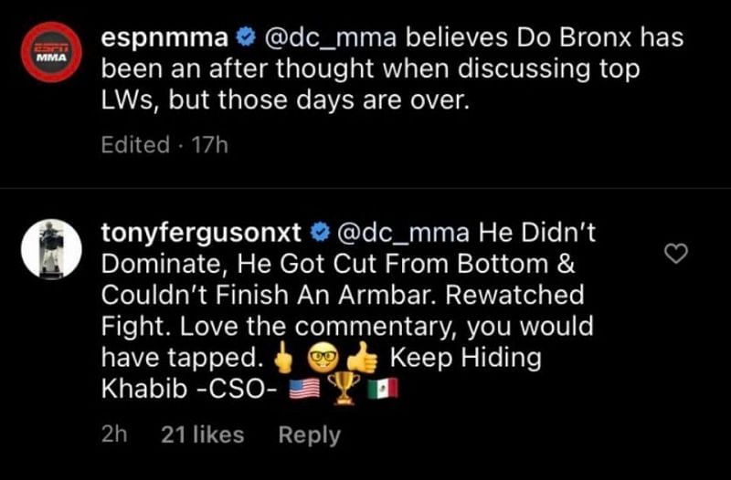 r/MMA - Tony Ferguson doesn&#039;t think he was dominated in fight. Throws shot at Khabib.