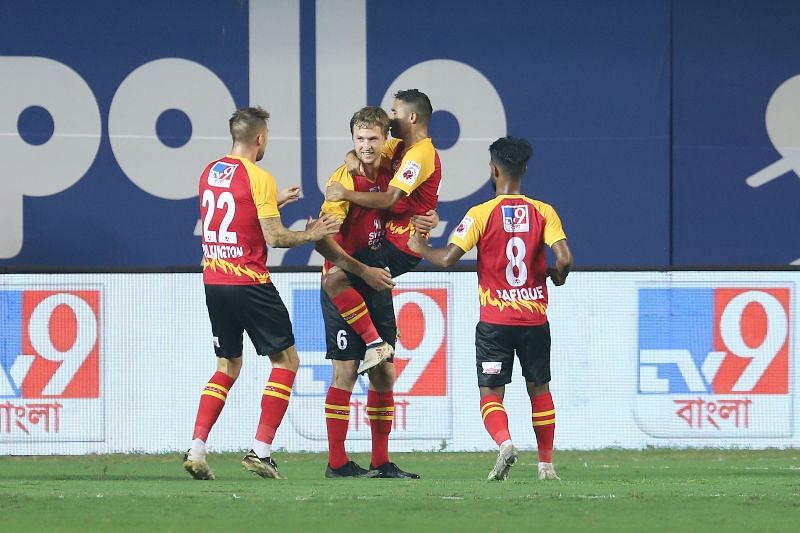 SC East Bengal players celebrate a goal (Image courtesy: ISL)