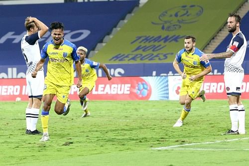 Kerala Blasters scored in the 95th minute in their previous game against SC East Bengal to eke out a point. (Image: Kerala Blasters FC)