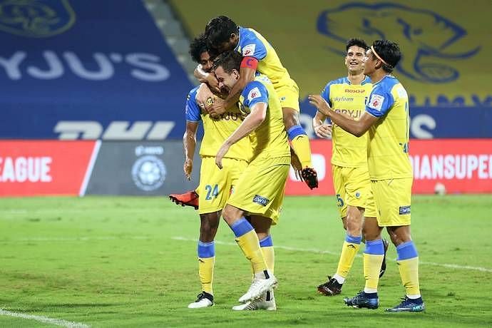 Kerala Blasters players celebrate a goal (Image courtesy: ISL)