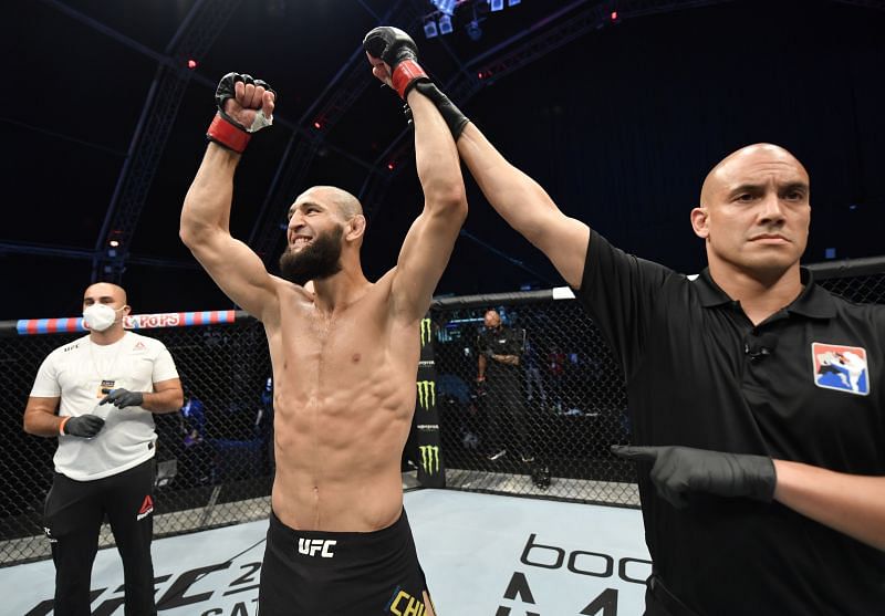 Khamzat Chimaev of Chechnya celebrates after his TKO victory over Rhys McKee