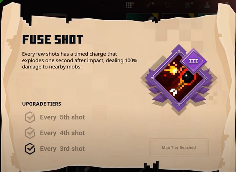 Fuse Shot is a Minecraft ranged weapons enchantment that will fire a timed charge that will explode after a certain number of shots fired. (Image via Suev/YouTube)