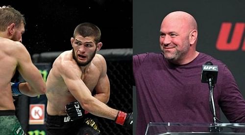 Khabib Nurmagomedov (center); Dana White (right)