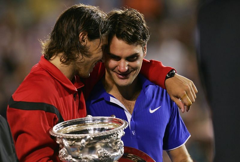 Rafael Nadal consoles Roger Federer at the 2009 Australian Open.