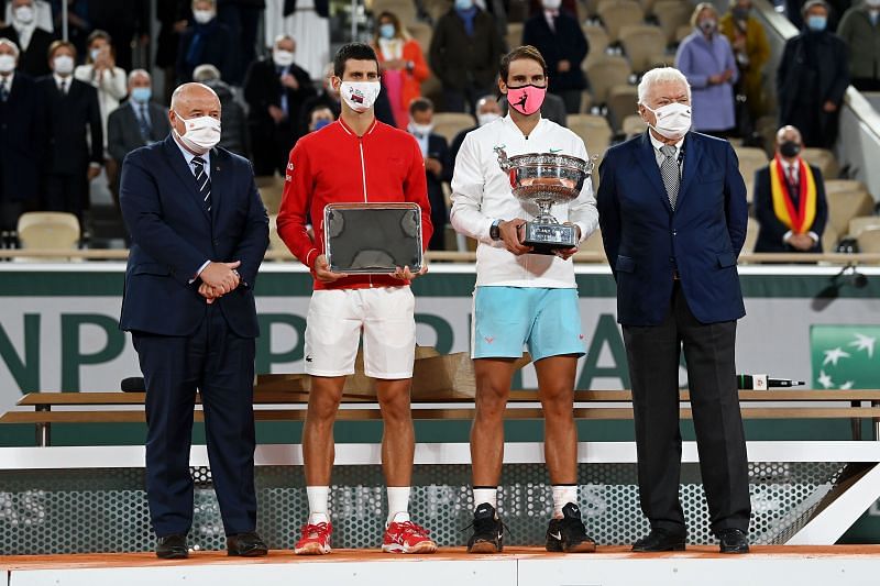 Novak Djokovic and Rafael Nadal with their trophies