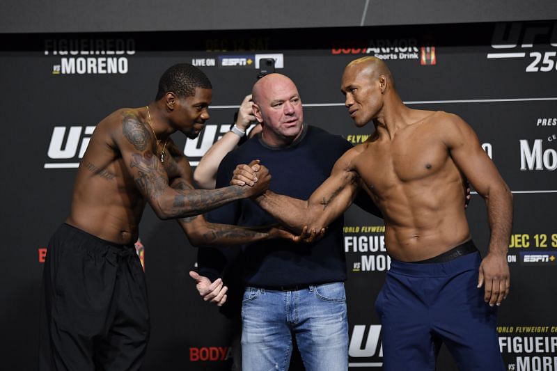 Kevin Holland and Jacare Souza of Brazil face off during the UFC 256