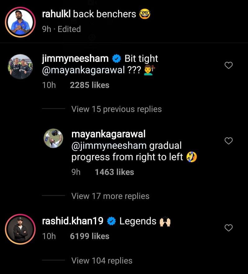 Jimmy Neesham, Mayank Agarwal, and Rashid Khan commented on KL Rahul&#039;s post