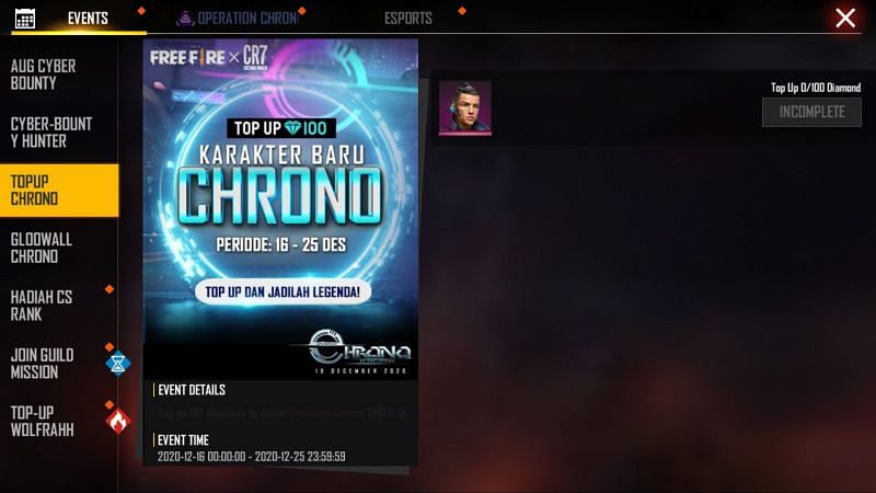 Free Fire Chrono top-up in Indonesia