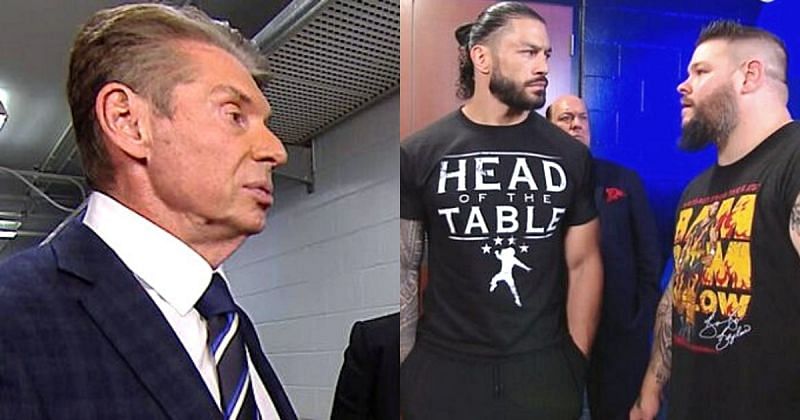 Vince McMahon, Roman Reigns, Paul Heyman, and Kevin Owens.