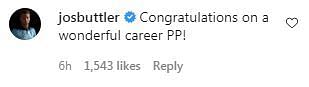 Jos Buttler's comment on Parthiv Patel's Instagram post