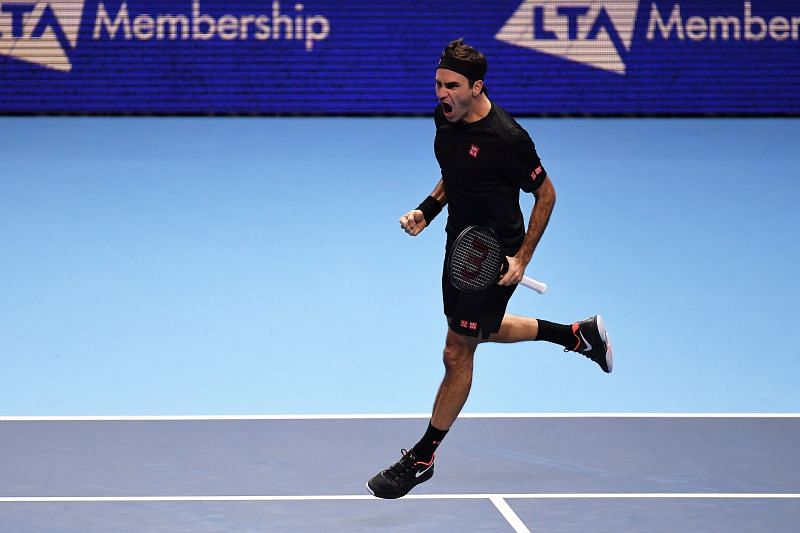 Roger Federer celebrates his win over Novak Djokovic at the 2019 ATP Finals