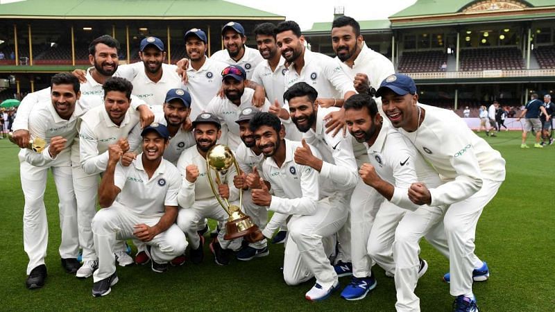 Team India celebrating with the 2018-19 Border-Gavaskar Trophy