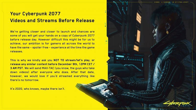 Developers reveal a set of rules for content creators in Cyberpunk 2077 (Image via CD Projekt Red - Cyberpunk 2077)