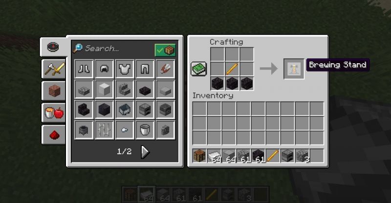 The crafting recipe for a brewing stand in Minecraft using blackstone. (Image via Minecraft)