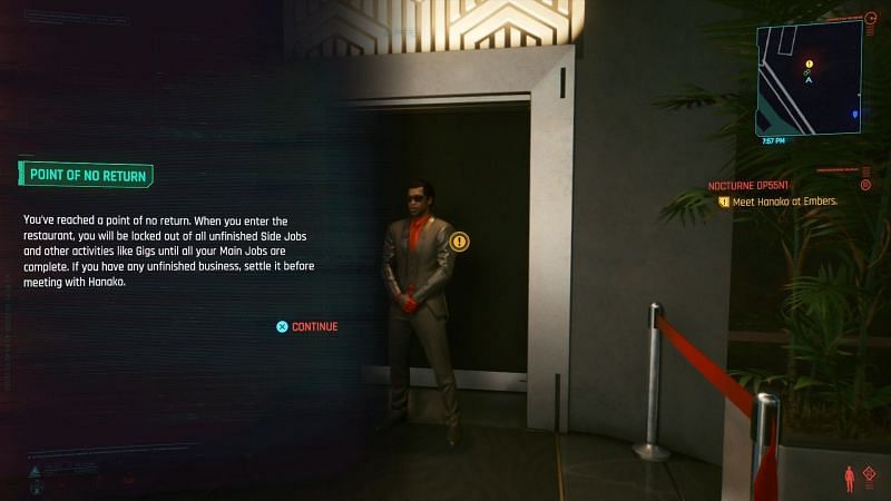 The point of no return for Cyberpunk 2077 occurs pretty early in the game (Image via CD Projekt Red)