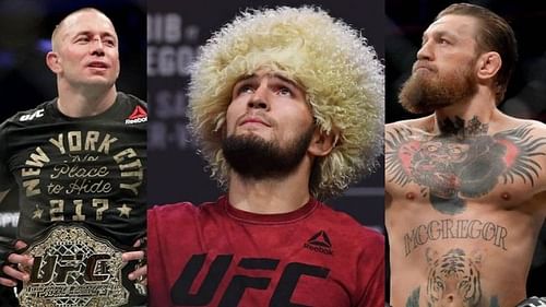 Georges St-Pierre (left); Khabib Nurmagomedov (center); Conor McGregor (right)