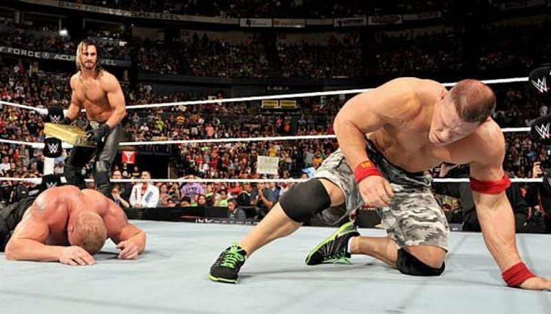 Brock Lesnar defeated John Cena and Seth Rollins in a gruelling match !