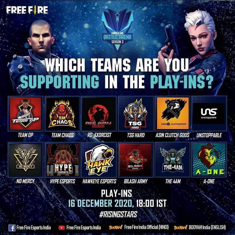 The Free Fire Battle Arena Season 2 Play-Ins teams