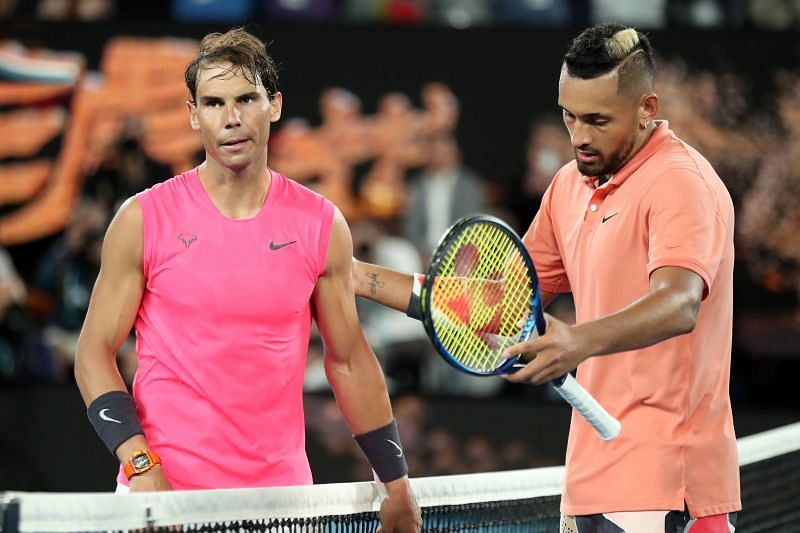 Rafael Nadal (L) and Nick Kyrgios at the 2020 Australian Open