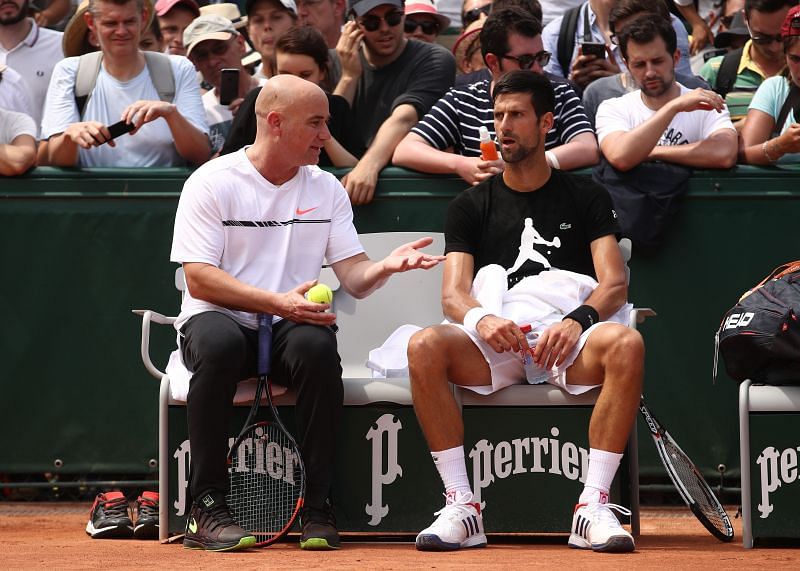 Andre Agassi with Novak Djokovic at the 2017 French Open