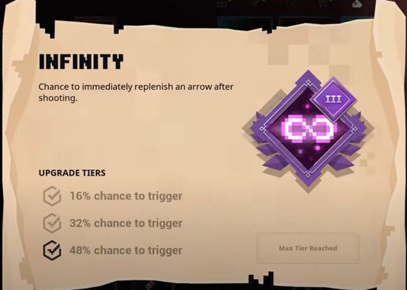 Infinity is a Minecraft Dungeons ranged weapon enchantment that grants the chance to immediately replenish an arrow after shooting. (Image via Suev/YouTube)