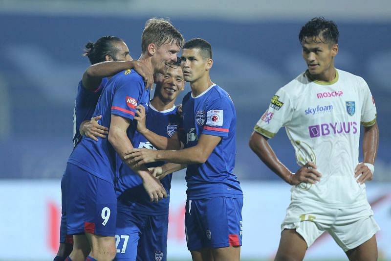 Bengaluru FC players celebrate after scoring against Kerala Blasters (Image courtesy: ISL)