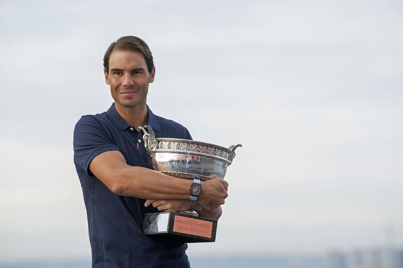 Rafael Nadal with the winner's trophy at the 2020 French Open