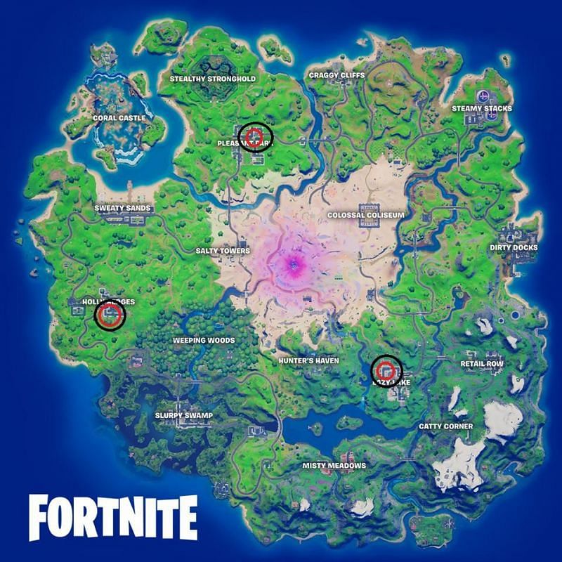 The map of Fortnite has the Zero point right in the middle of the map. The clue locations are highlighted in red (Image via Epic Games)