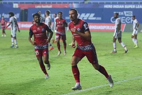 Jamshedpur FC's Nerijus Valskis (in front) celebrates a goal (Image courtesy: ISL)