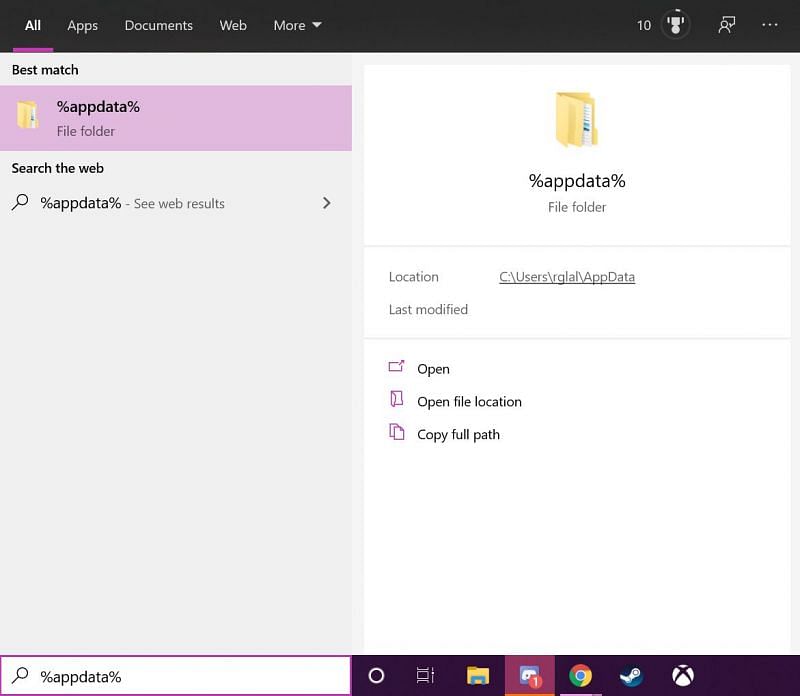 Open the Windows 10 search bar and type in %appdata%