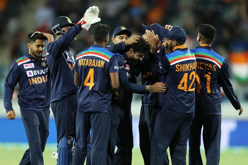 Indian team celebrates after picking up a wicket.