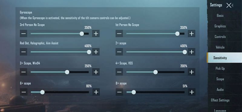 Gyroscope sensitivity settings for players to use as reference