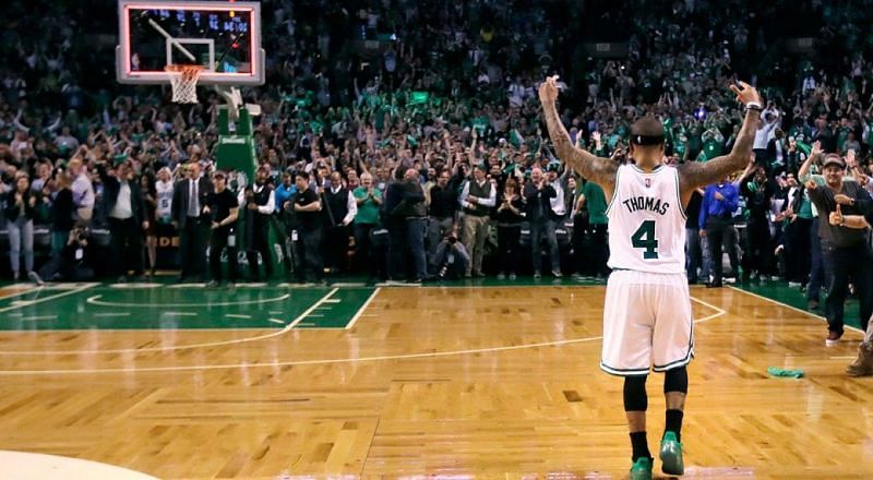 Isaiah Thomas celebrates with Celtics Crowd After Beating the Wizards