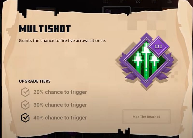 Multishot is a Minecraft Dungeons ranged weapon enchantment that grants the chance to fire five arrows at once. (Image via Suev/YouTube)