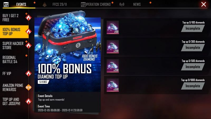 Get 100% top up Bonus In Free Fire Diamonds