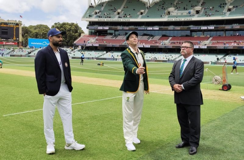 Virat Kohli and Tim Paine at the toss at Adelaide. Pic: BCCI/Twitter