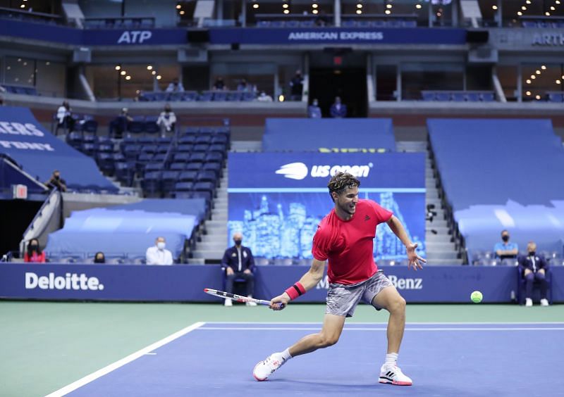 Dominic Thiem strikes a forehand at the US Open final