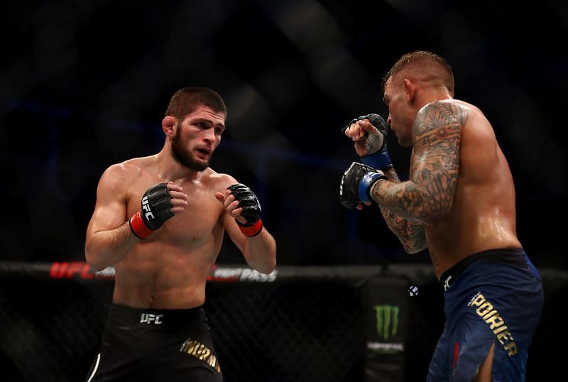 Khabib Nurmagomedov of Russia compete against Dustin Poirier of United States