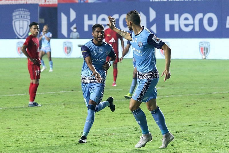 Jamshedpur FC&#039;s Aniket Jadhav (L) and Nerijus Valskis celebrating a goal (Courtesy - ISL)