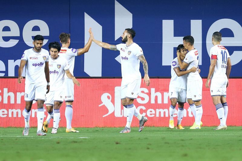 Chennaiyin FC players celebrate after getting the lead from Lallianzuala Chhangte (Image Courtesy: ISL Media)