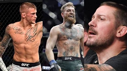 Dustin Poirier (left); Conor McGregor (center); John Kavanagh (right)