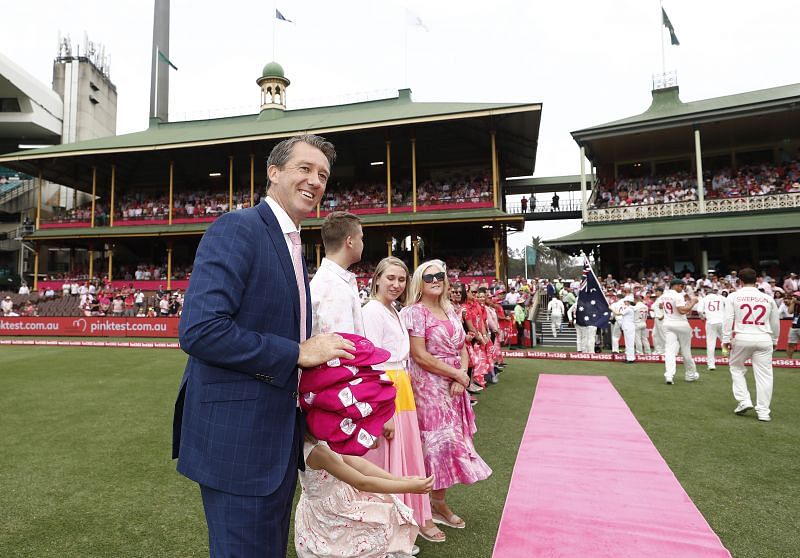Glenn McGrath with special caps for the Pink Test
