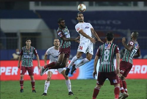 Dimas Delgado (in white) in action for Bengaluru FC against ATK Mohun Bagan (Courtesy - ISL)