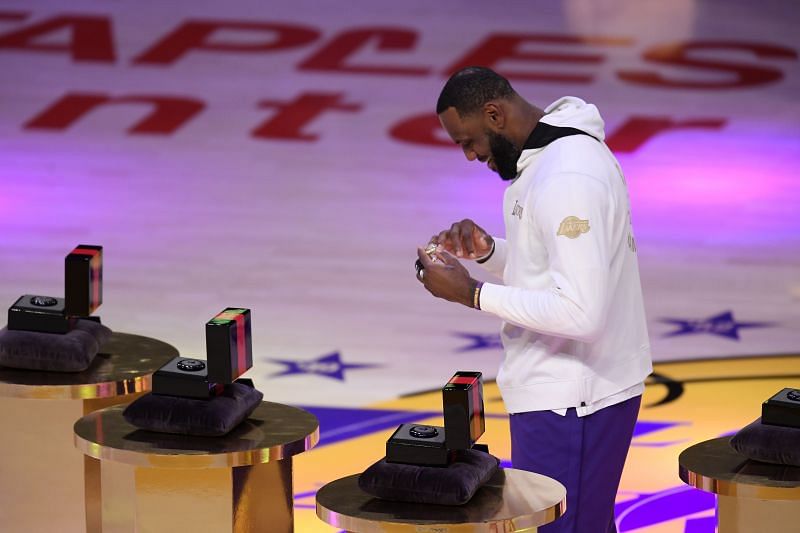 LeBron James surveys his latest NBA ring