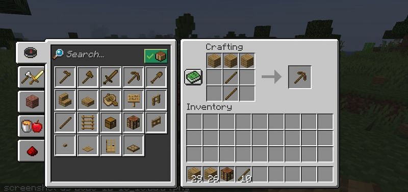 The crafting recipe for a wooden pickaxe in Minecraft (Image via Minecraft)