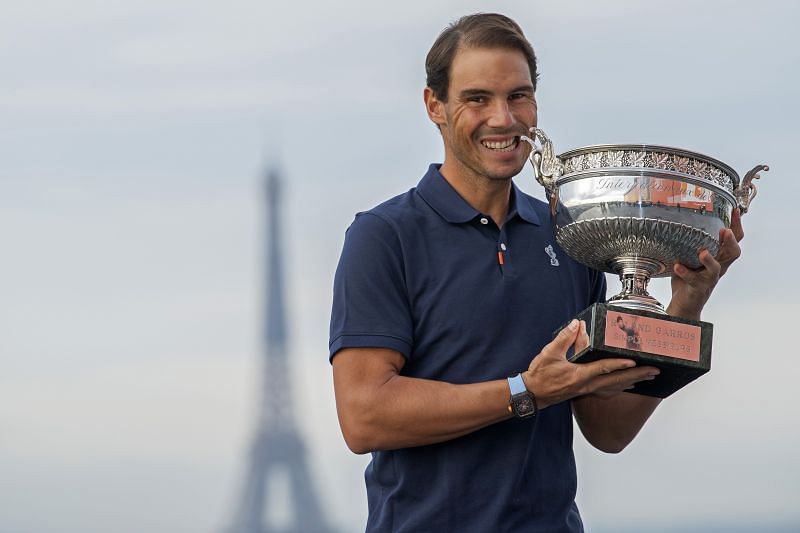 Rafael Nadal with the 2020 French Open trophy