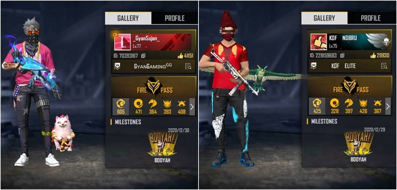 Free Fire IDs of Gyan Sujan and Nobru