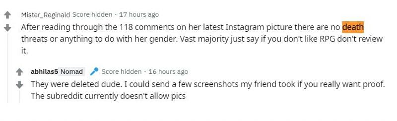 The death threats have since been deleted on the journalist&#039;s Instagram account (Image via r/cyberpunkgame, Reddit)